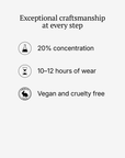 Adam Pare craftsmanship: 20% concentration, 10–12 hour wear, vegan and cruelty-free