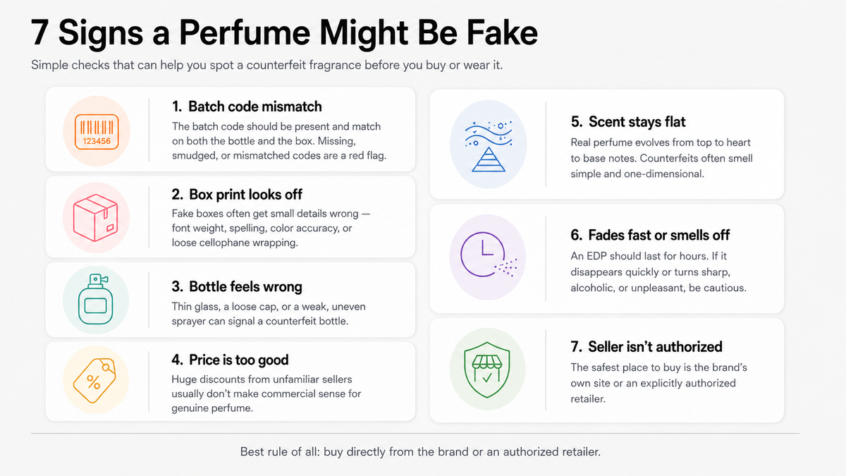 Infographic explaining 7 signs of fake perfume, from mismatched batch codes and poor packaging to weak scent and unauthorized sellers.