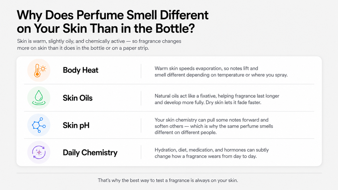 Infographic explaining why perfume smells different on skin due to body heat, skin oils, pH, hydration, diet and hormones.