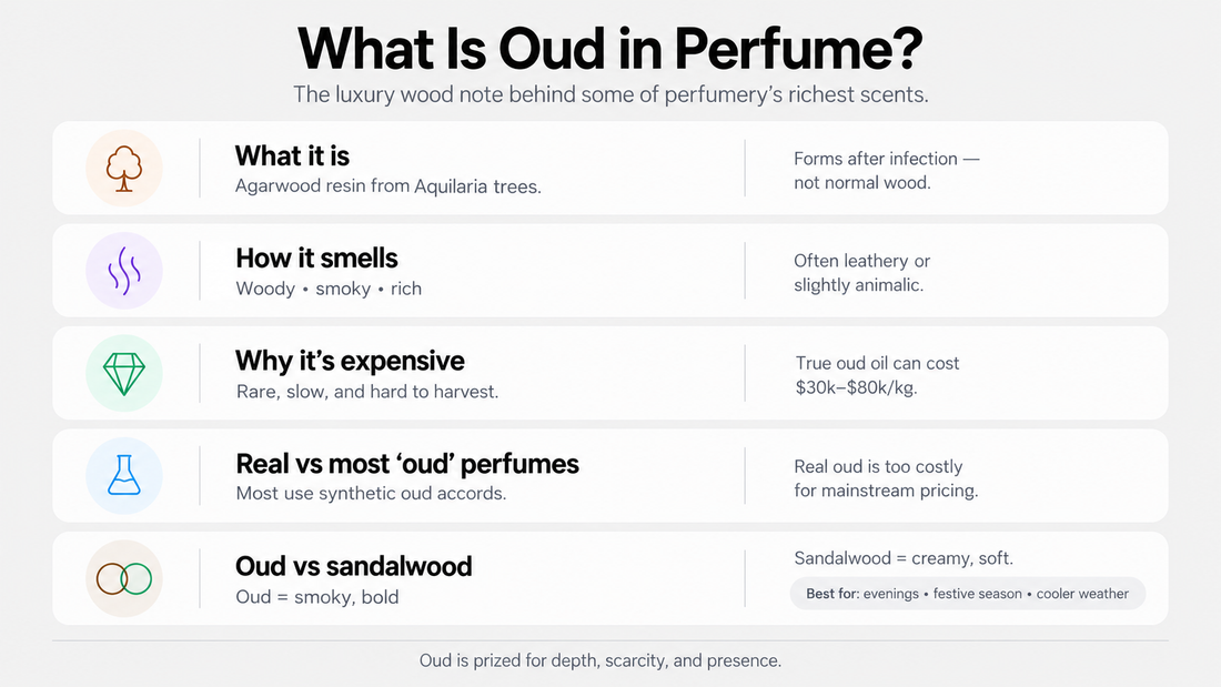 Oud perfume infographic explaining agarwood, scent profile, high cost, synthetic oud accords, and oud vs sandalwood.
