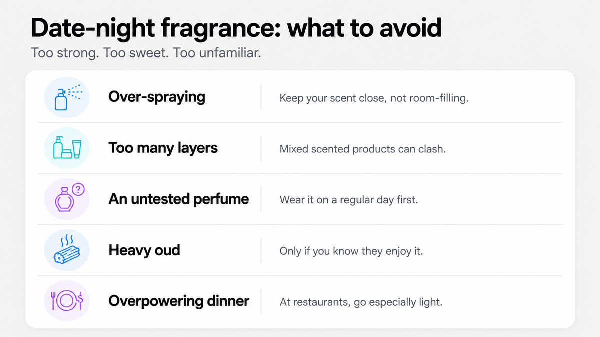 Date night perfume mistakes to avoid: over-spraying, layering scents, untested perfume, heavy oud and strong scent at dinner