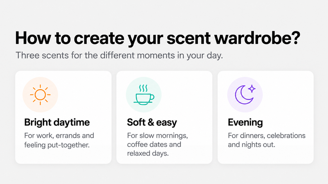 How to create your perfume scent wardrobe: three scents for different moments in your day - bright daytime, soft and easy, and evening