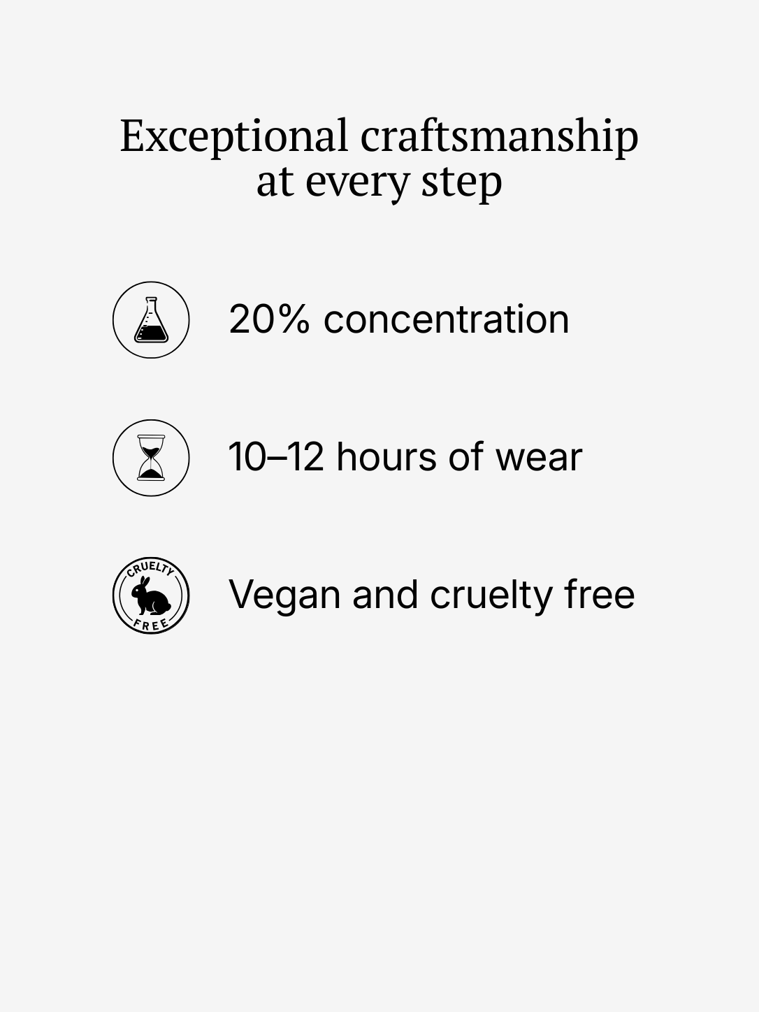 Adam Pare craftsmanship: 20% concentration, 10–12 hour wear, vegan and cruelty-free